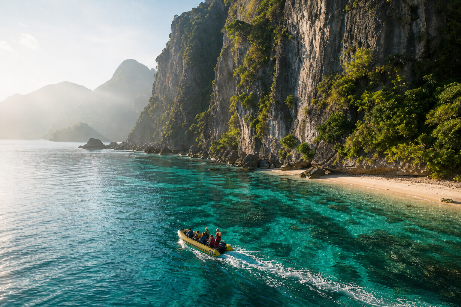 Boat moving through turquoise coastal water
