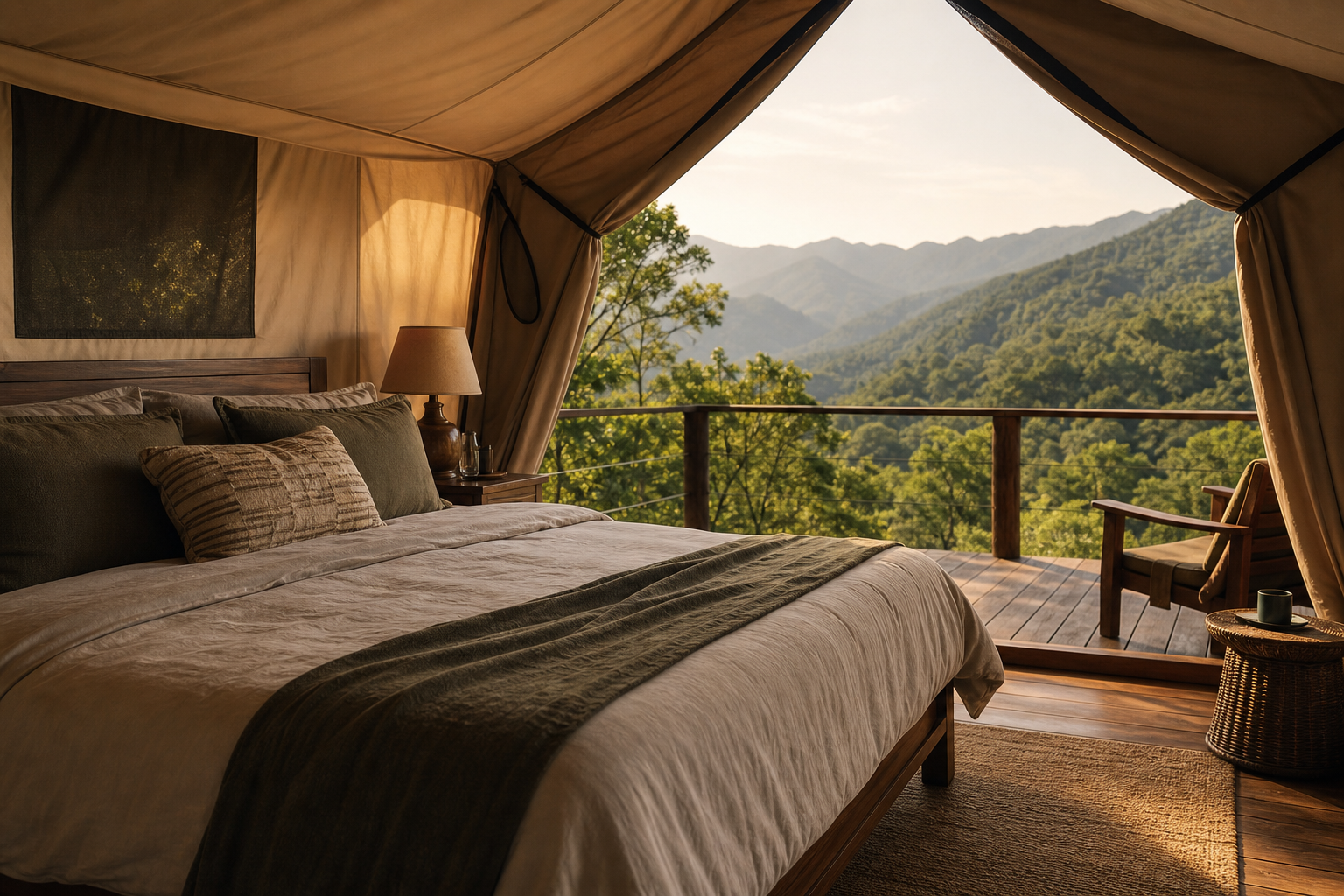 Warm safari-style lodge room facing the landscape