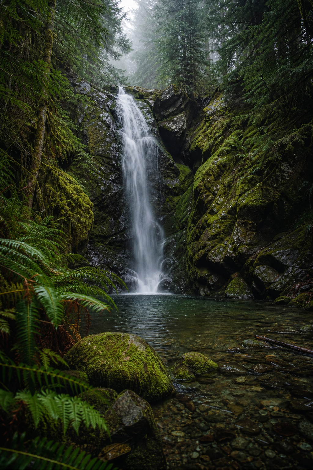 Waterfall surrounded by deep green forest